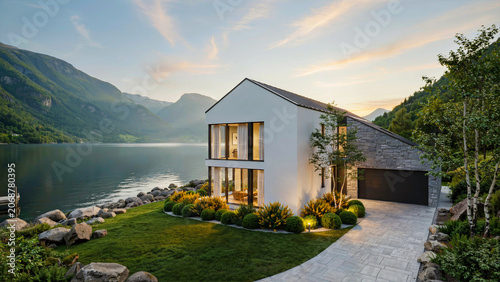 Luxury modern house by the lake with mountain landscape at sunset