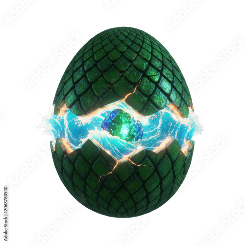 Cracked Dragon Egg with Glowing Core and Water