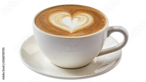 Bild auf Leinwand White ceramic cup of latte with heart shape foam art on saucer