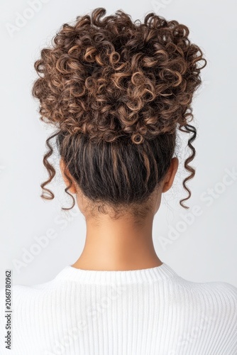 Coily dark brown hair styled in a voluminous high bun. Rear view of a person with natural curls, elegant tendrils, on a bright white background.