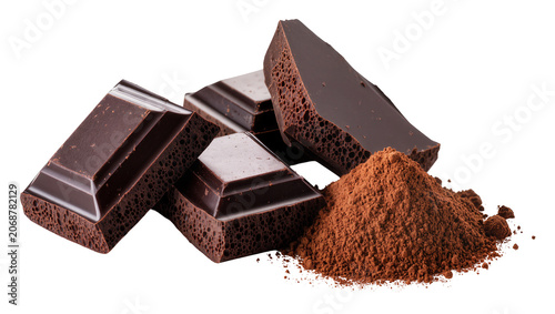 Foto Dark chocolate chunks and cocoa powder pile