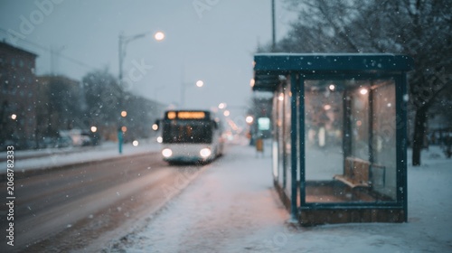 Bus stop shelter stands covered in snow while a city bus arrives through light snowfall in a quiet winter atmosphere under diffused daylight