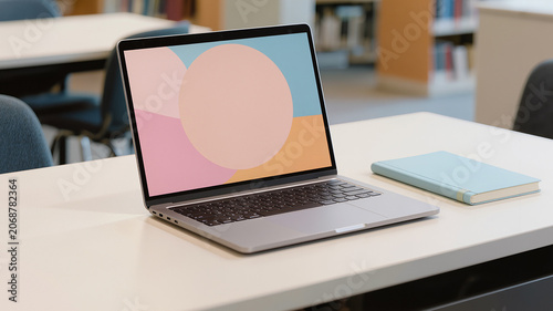 Laptop and notebook resting on a desk in a classroom or library, symbolizing digital learning and remote education