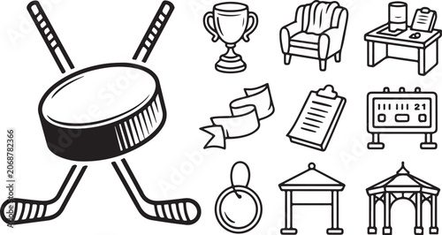 Hockey, sports, icons, set, black, line, illustration