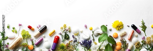 Colorful arrangement of pills and flowers on a white surface with natural elements