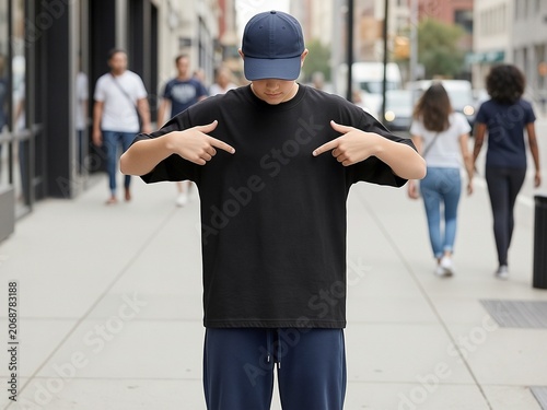 Mockups, Individual in a plain black t-shirt and blue cap points to their shirt while walking through a city.