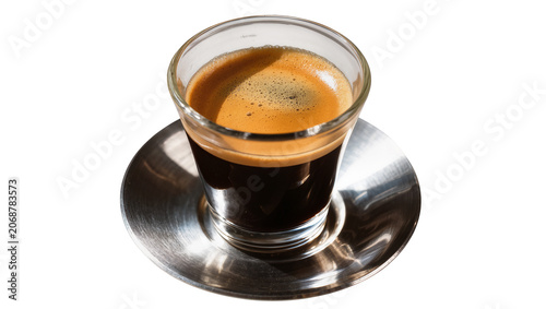 Fotografie Espresso coffee in glass cup with crema on metal saucer