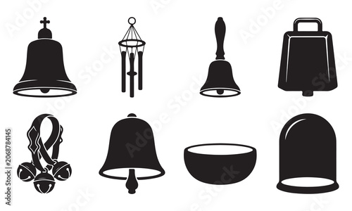 Schilderij op canvas Collection of black silhouettes representing various types of bells, including c