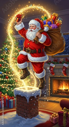 Santa Claus coming down the chimney with a sack of gifts.