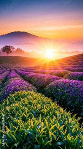 Sunrise over a vibrant lavender field with mountains in the background, showcasing colorful rows of plants and a peaceful natural landscape.