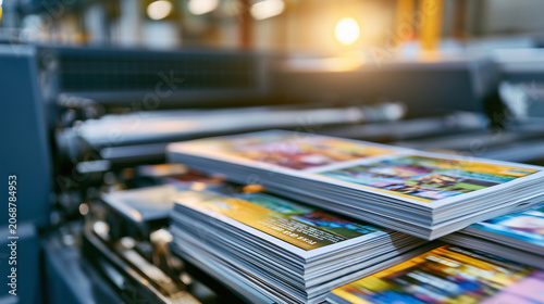 Color printing press producing glossy magazines and marketing materials in modern commercial print facility