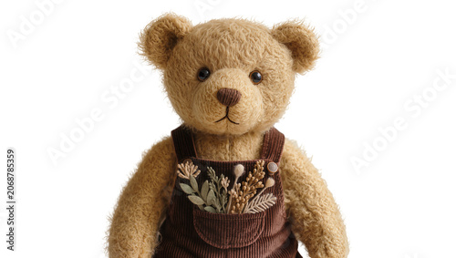 Foto Fluffy teddy bear wearing brown corduroy overalls with floral embroidery, isolat
