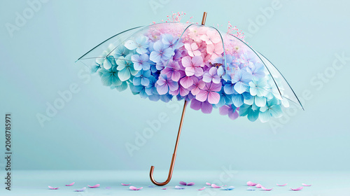 A transparent umbrella filled with pastel-colored hydrangea flowers in shades of blue, purple, and pink rests on a light blue surface with scattered petals.