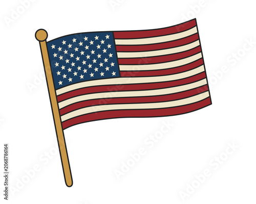 Waving American flag on pole with stars and stripes for Fourth of July