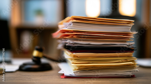 Stack of legal documents and paperwork on office desk illustrating administrative workload and bureaucracy