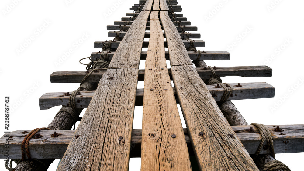 Naklejka premium Weathered wooden pier planks with thick rope lashings, isolated on transparent background