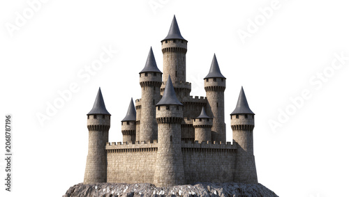 Фотография Stone medieval castle with multiple conical towers and crenellated walls