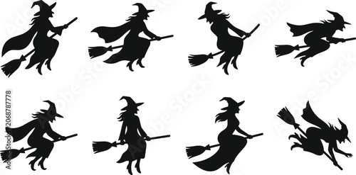 Foto Flying Witch Silhouette Collection on Broomstick Halloween Vector Character Set