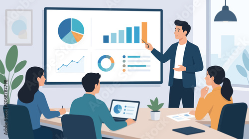 Tableau sur toile A professional team is engaged in a business meeting with charts on a screen