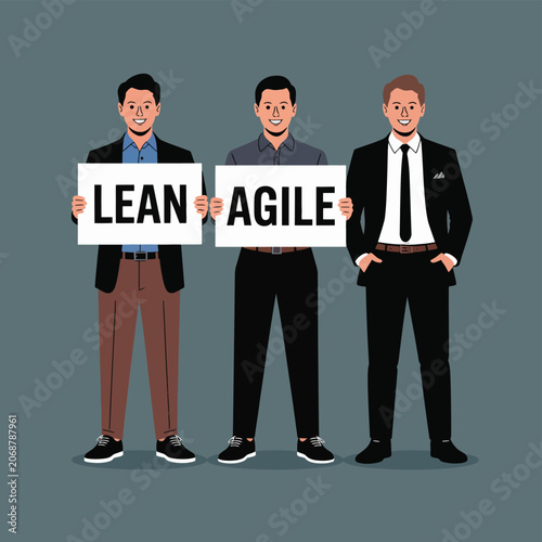 Business people holding lean agile signs for project management