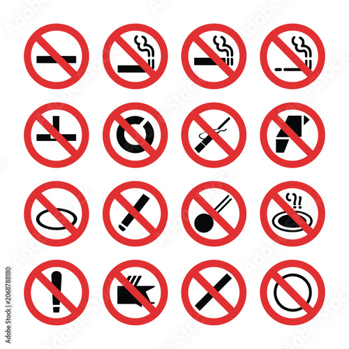 Set of warning signs for no smoking and prohibition symbols