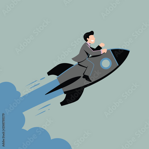 Businessman riding rocket for business growth and success concept