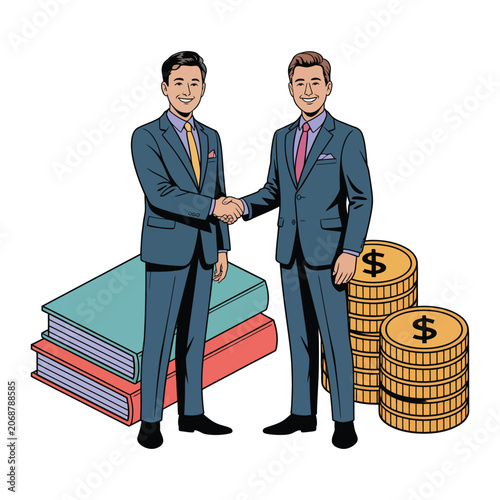 Business partners handshake over books and money for contract