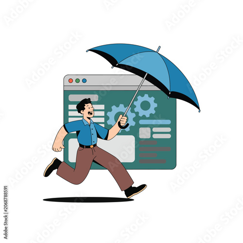 Technical support professional running under umbrella