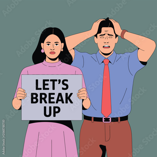 Relationship conflict illustration with woman holding breakup sign