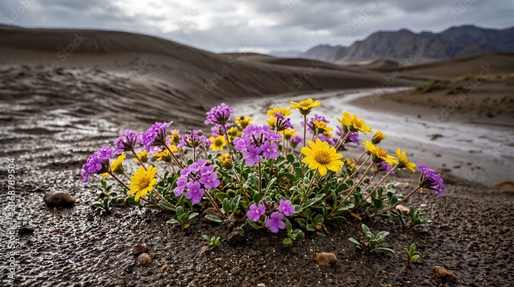 Obraz premium Desert flowers blooming in wet sand after rain with mountains in background