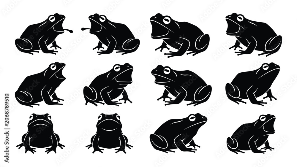 Obraz premium Set of black frog silhouettes on white background