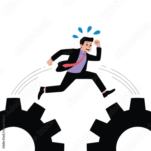 Stressed businessman jumping between rotating industrial gears