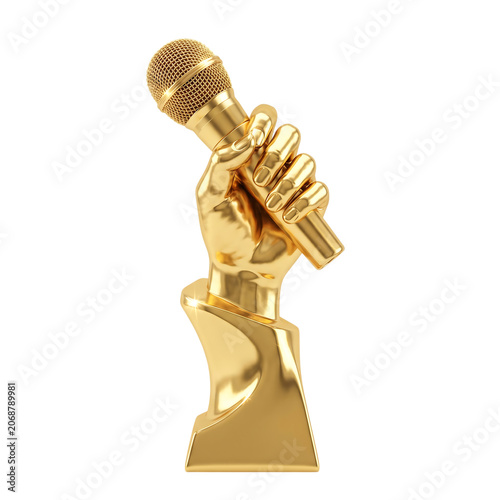 Golden Hand Holding Golden Microphone Award Isolated on Background