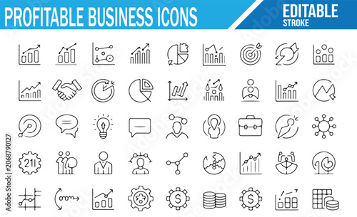 Editable Business Success Icons with Chart and Teamwork Symbols