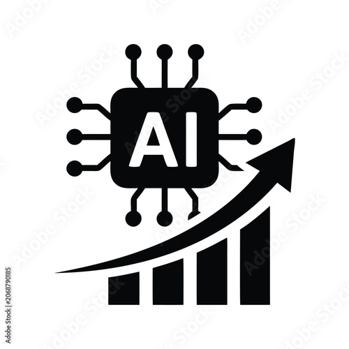 Artificial intelligence chip with upward trending graph representing growth and innovation isolated on white background