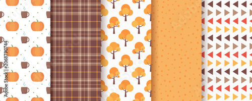 Autumn seamless pattern. Fall backgrounds with pumpkins, trees, dots and checkered. Set seasonal harvest wallpapers. Collection autumnal wrapping backdrops. Abstract textures. Vector illustration