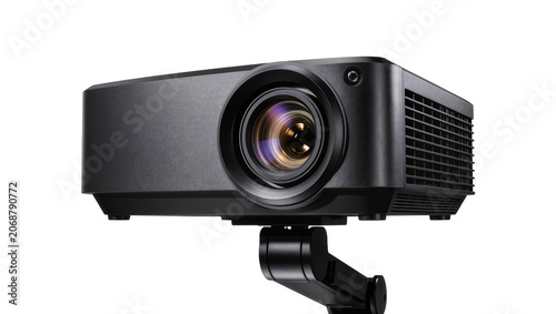Photos Black digital projector with lens and mounting arm