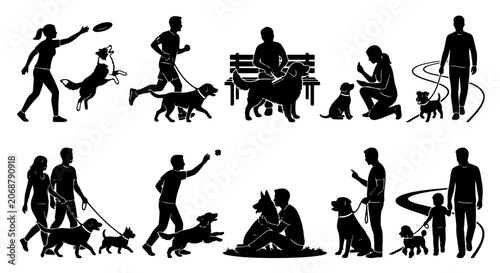 Foto Dog walking silhouettes set, people playing with pets in park, owners training a