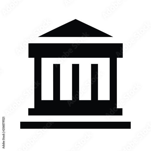 Neoclassical building architectural icon design - Minimalist black and white neoclassical building icon featuring columns and triangular pediment for architecture or design projects.