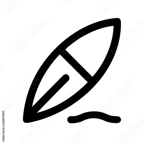 Minimalist surfboard icon with wave - Simple black and white vector icon of a surfboard on a small wave line, clean and modern design.