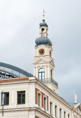 The clock tower of Riga City Hall in Riga, Latvia. Historic architectural landmark located in the heart of the Old Town.