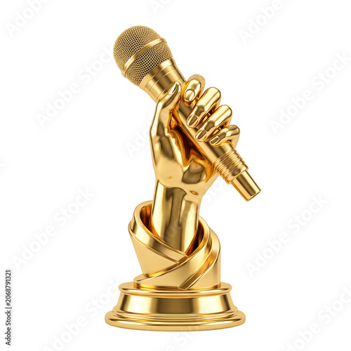 Golden Hand Holding Golden Microphone Award Isolated Background