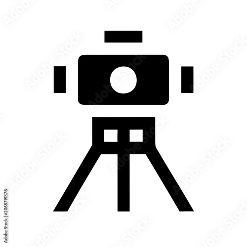 Black survey tripod with camera mounted - Minimalist black line art of a sturdy tripod holding a camera, ideal for photography or surveying.