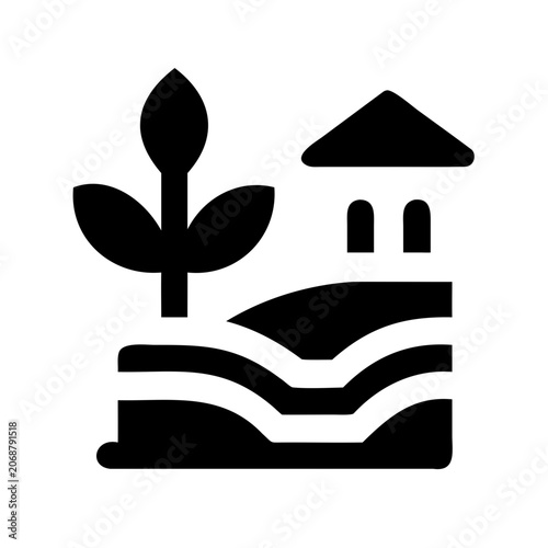 Simple farmhouse and green plant icon on wavy land - Minimalist vector icon of a small house with a plant beside wavy land design.