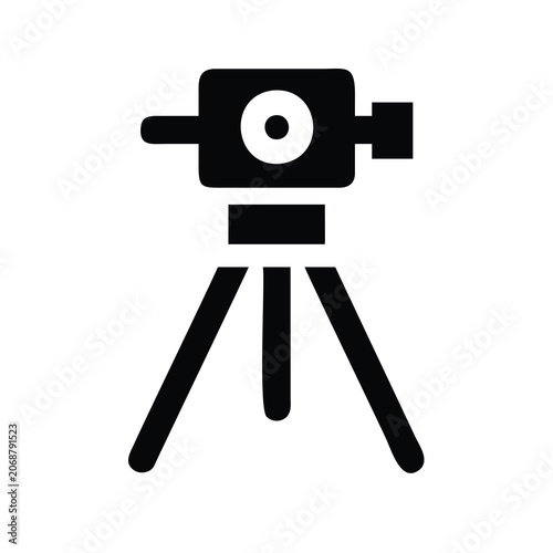 Surveyor tripod with camera equipment ready for use - Minimalist black and white vector icon of a surveying tripod holding a camera device for measurement or photography tasks.