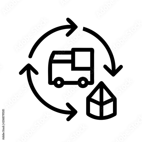 Delivery truck and package circular arrow icon - Minimalist vector icon showing delivery flow with truck and gift box in a circular motion.
