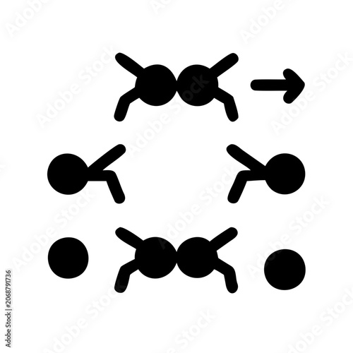 Scientific molecular bonds breaking and merging - Simple vector illustration showing molecular bonds splitting and reforming into new structures with directional arrows.