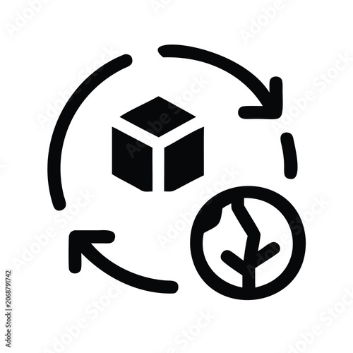 Recycling symbol with box and leaf icon - Minimalist black and white recycling vector icon showing box, arrows, and leaf for eco-friendly concepts
