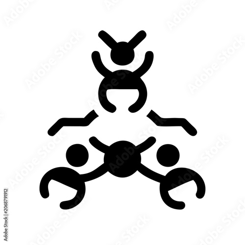 Minimalist abstract geometric human connection icon - Simple black and white geometric illustration showing interconnected human figures forming a triangle shape.