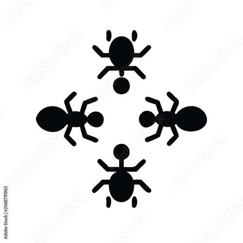 Four black ants forming a cross shape - Minimalist vector illustration of four ants arranged symmetrically in a cross pattern.